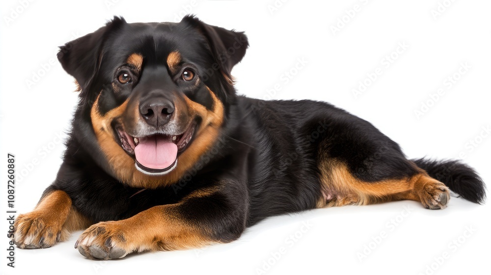 Cute dog with a big smile and tongue out, sitting on a white backdrop, gazing happily into the camera Cute dog with a big smile and tongue out, sitting on a white backdrop, gazing happily into the camera