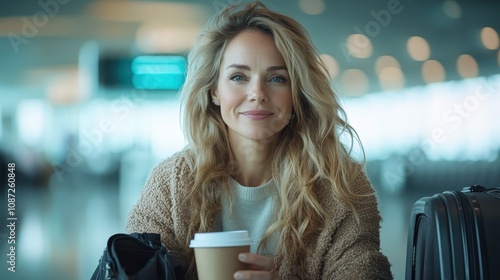 A woman sips coffee happily in a bright airport terminal, with luggage by her side, showcasing readiness, confidence, and tranquility before travel. photo