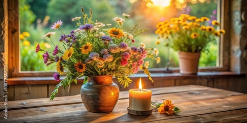 Wallpaper Mural A rustic table with a candle lit and a bouquet of colorful wildflowers in a vase, illuminated by the warm glow of the setting sun through the window. Torontodigital.ca