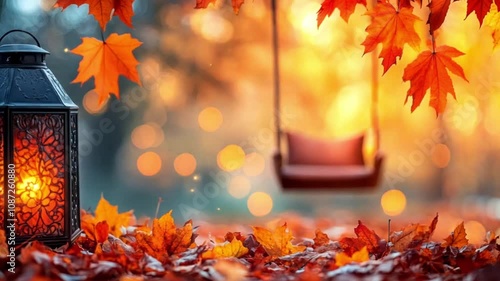 Autumn leaves with a glowing lantern, symbolizing the warmth, beauty, and nostalgic charm of the fall season. photo