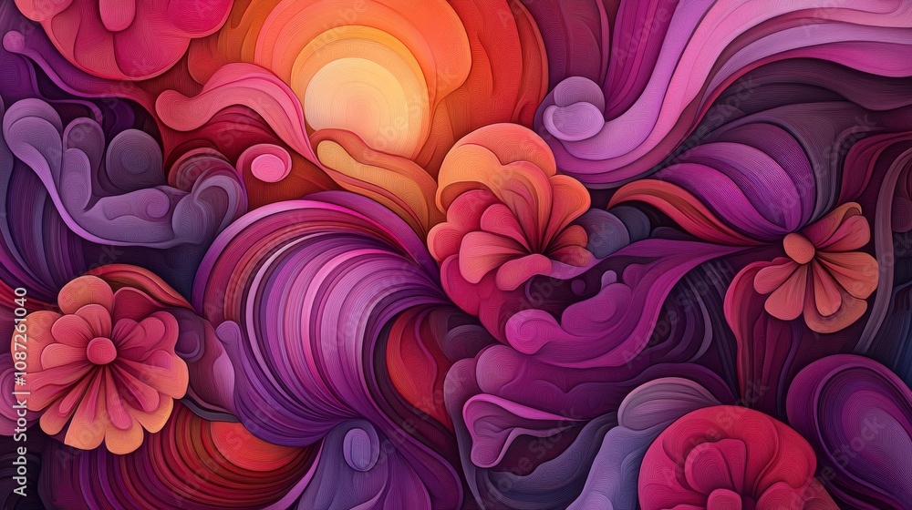 Vibrant Abstract Floral Design with Swirling Patterns and Warm Color Gradients Depicting a Bright Sunset in a Dreamlike Landscape Vibrant Abstract Floral Design with Swirling Patterns and Warm Color Gradients Depicting a Bright Sunset in a Dreamlike Landscape