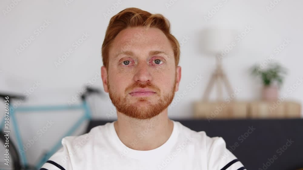 Cheerful young red haired man smiling at camera from home. Portrait of happy millennial guy laughing on video call. Positive people concept. Cheerful young red haired man smiling at camera from home. Portrait of happy millennial guy laughing on video call. Positive people concept.