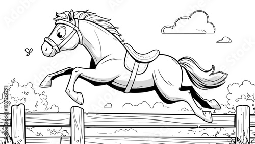 Jolly Horse Leaping Over Fence Cartoon Character Coloring Page for Kids Fun Activity Playful Horse Illustration Equestrian Jumping Scene Drawing for Children Animal Fun Art Page