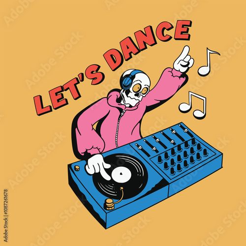 retro skull cartoon DJ T-shirt design illustration