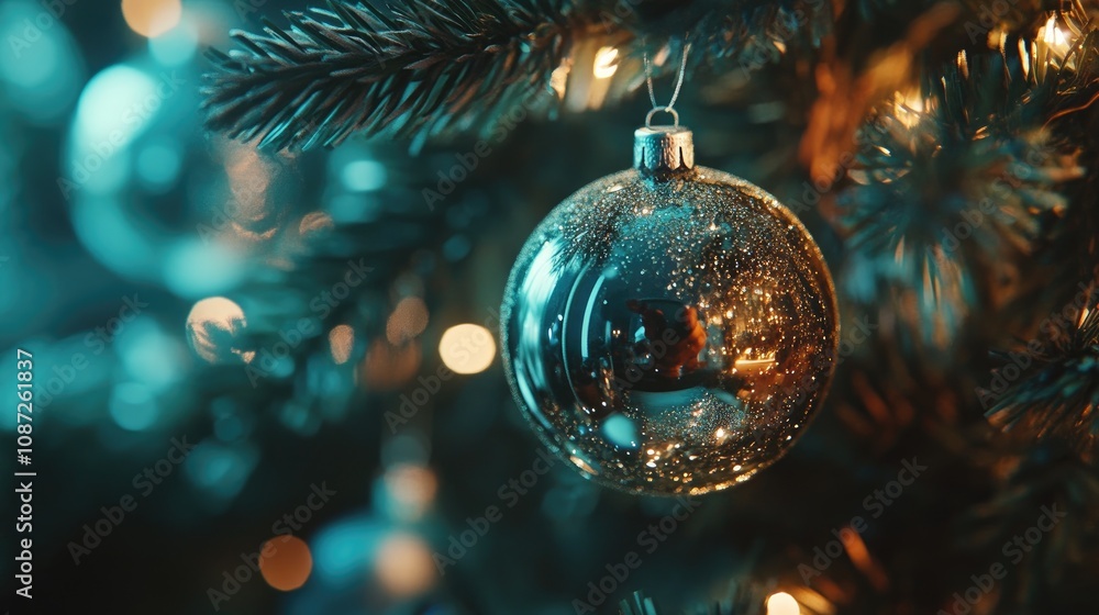 Festive close-up of Christmas tree ornaments with dreamy bokeh garlands, perfect for celebrating New Year and holiday warmth Festive close-up of Christmas tree ornaments with dreamy bokeh garlands, perfect for celebrating New Year and holiday warmth