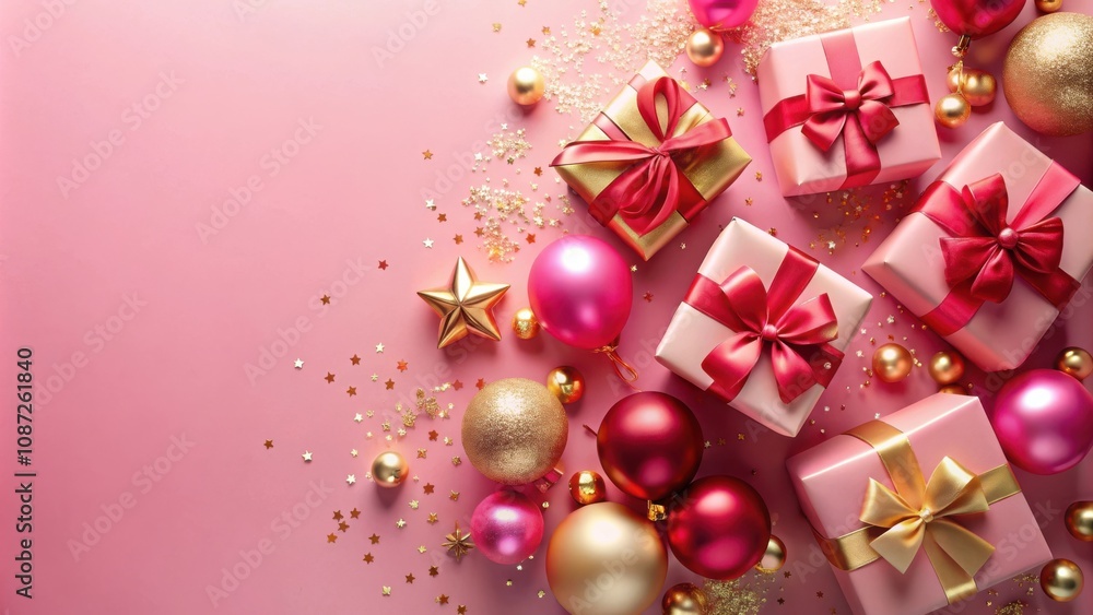 A festive pink background adorned with gifts, ornaments, and golden confetti, creating a celebratory and cheerful atmosphere. A festive pink background adorned with gifts, ornaments, and golden confetti, creating a celebratory and cheerful atmosphere.