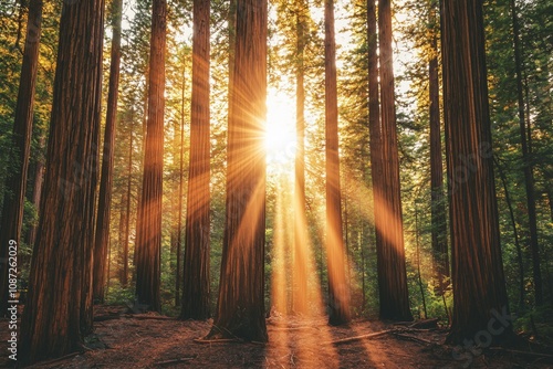 Sunlight Filtering Through Majestic Redwood Trees in a Forest photo