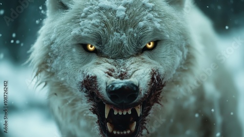 A fierce white wolf with glowing yellow eyes stands amidst a snowy background, exuding power, wildness, and mystery, evoking primal instinct and awe. photo