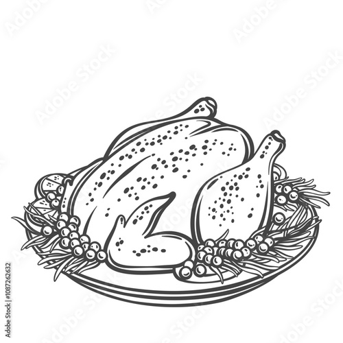 Baked Christmas turkey on plate outline vector illustration. Hand drawn cooked poultry roast with crust on tray, whole crispy roasted turkey or chicken dish for Xmas and Thanksgiving family dinner