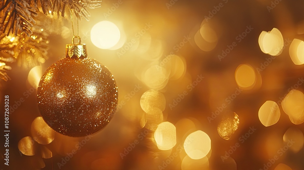 Golden Christmas tree ball in focus with blurred bokeh garlands behind, creating a soft and warm holiday feel for New Year celebrations Golden Christmas tree ball in focus with blurred bokeh garlands behind, creating a soft and warm holiday feel for New Year celebrations