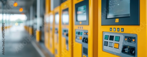 Close-up of yellow parking ticket machines with touchscreens and buttons in a covered parking area, symbolizing automation and convenience.