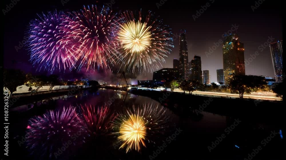 Fireworks display celebration in city night Fireworks display celebration in city night