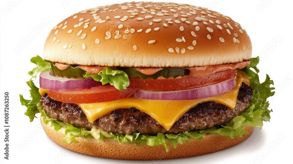 Juicy cheeseburger with fresh vegetables served on a sesame seed bun Juicy cheeseburger with fresh vegetables served on a sesame seed bun