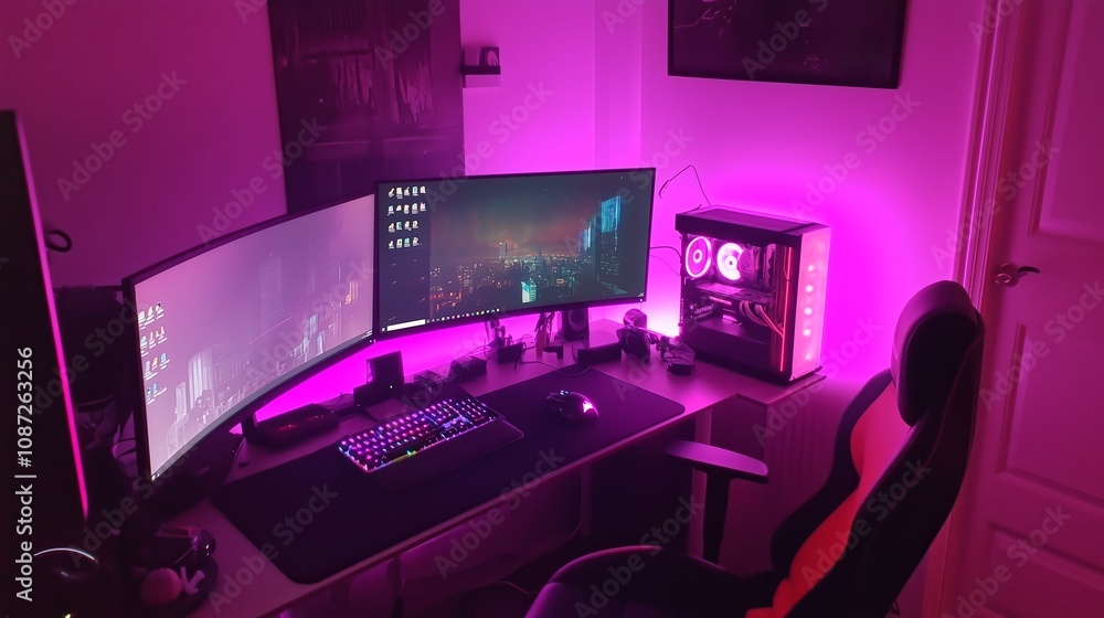 A modern gaming setup with a curved monitor, keyboard, mouse, and PC tower with pink lights A modern gaming setup with a curved monitor, keyboard, mouse, and PC tower with pink lights