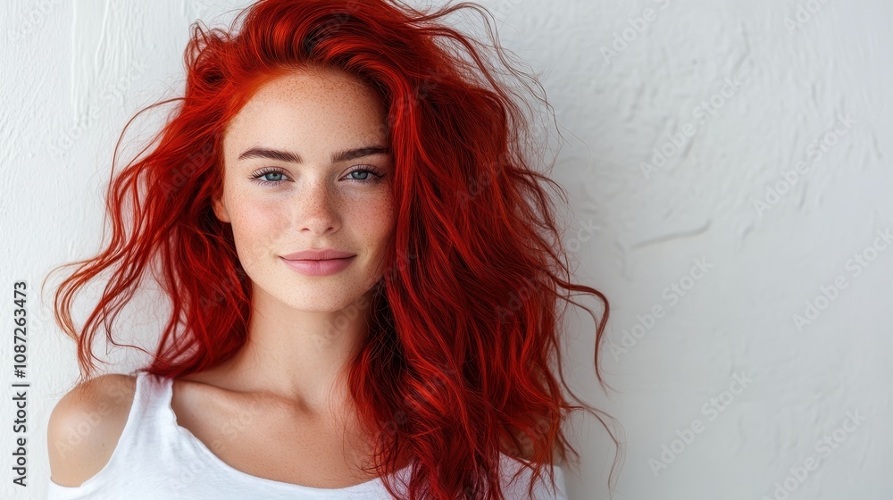 A captivating portrait of a woman with striking red hair and delicate features, set against a textured white background that highlights her vivid appearance. A captivating portrait of a woman with striking red hair and delicate features, set against a textured white background that highlights her vivid appearance.