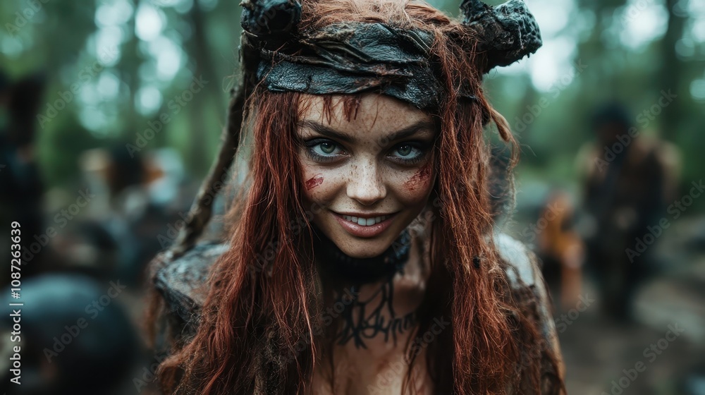 A wild tribal woman with striking red hair and dark makeup smiles confidently, enveloped within a lush forest setting, speaking of freedom and rebellion. A wild tribal woman with striking red hair and dark makeup smiles confidently, enveloped within a lush forest setting, speaking of freedom and rebellion.