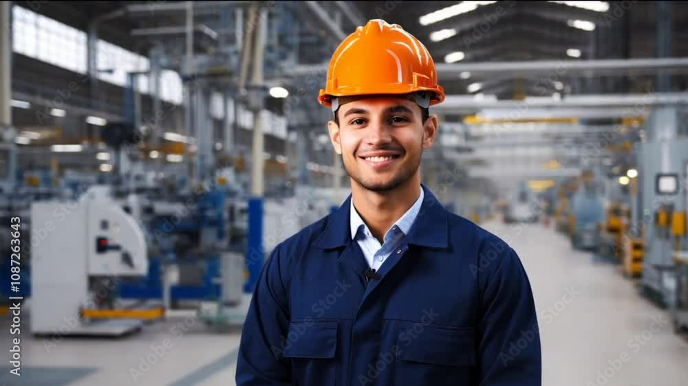 Young worker smiles in factory during day shift in city Young worker smiles in factory during day shift in city