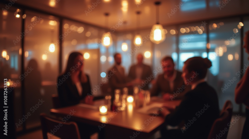 New Year corporate party in the office, silhouettes of business people, candles and lanterns creating a festive mood, blurred image New Year corporate party in the office, silhouettes of business people, candles and lanterns creating a festive mood, blurred image