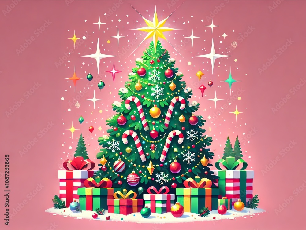 An illustration of a Christmas tree centered on a pink background An illustration of a Christmas tree centered on a pink background