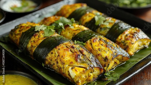 meen pollichathu in banana leaf indian food photo