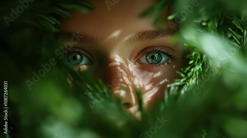 Eyes shine through dense green leaves, surrounded by natural light and shadow, offering a mystical and captivating visual narrative rich with emotion and nature.