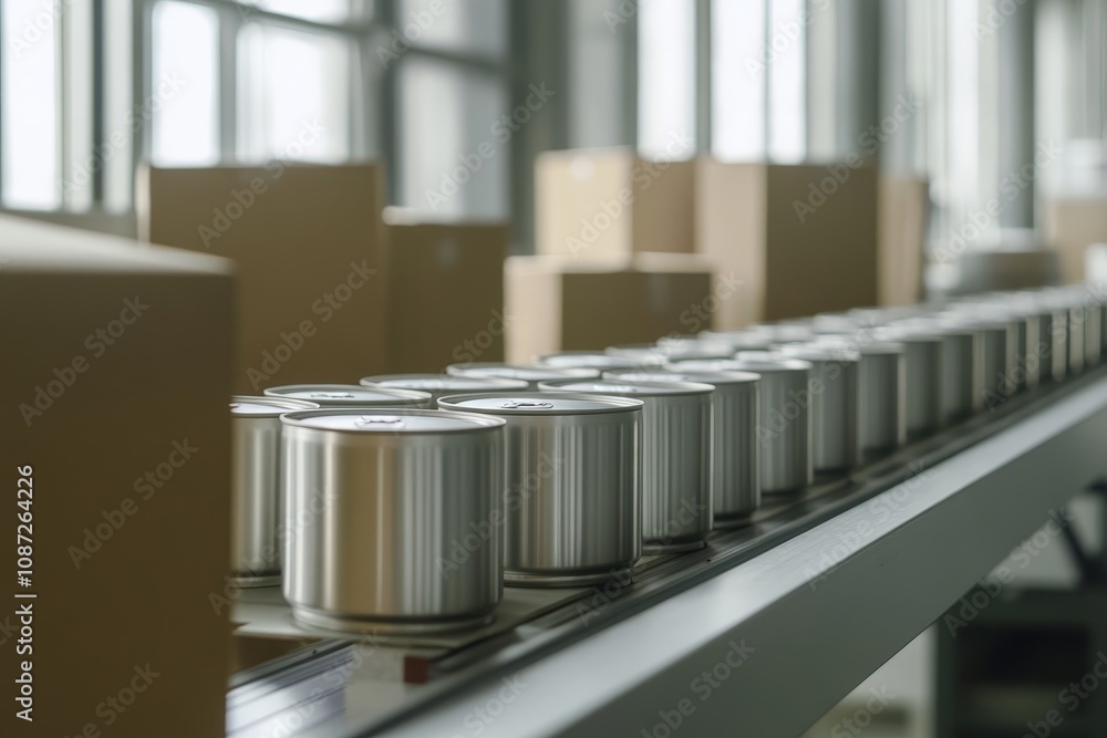 Assembly line of metal cans in industrial factory setting Assembly line of metal cans in industrial factory setting