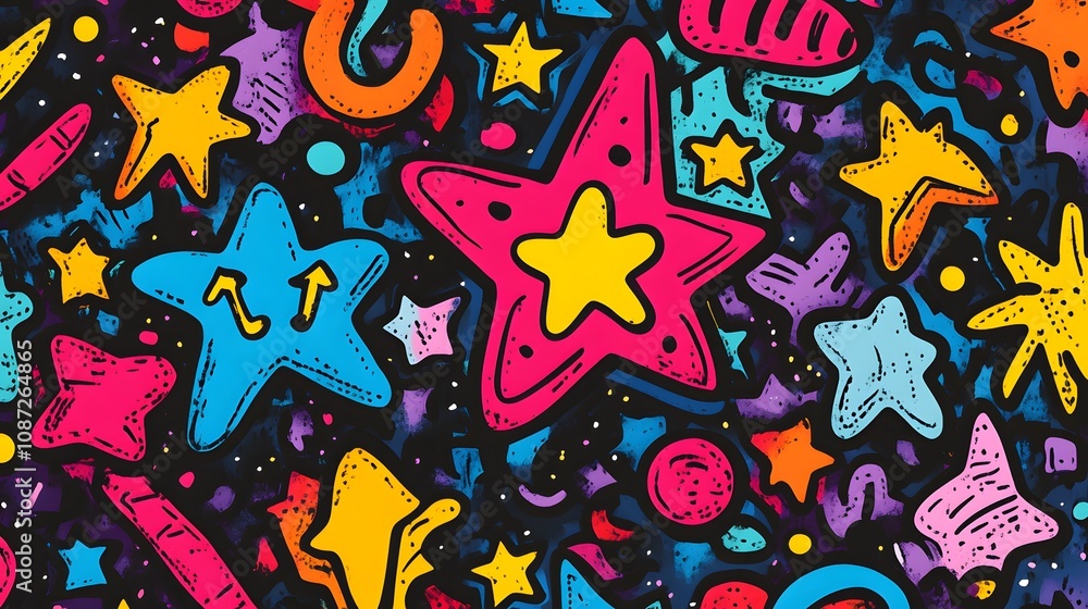 Bright funky doodle pattern with various stars dots and lines in a seamless design