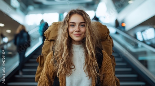 A young woman with a large backpack in an urban setting, symbolizing adventure and discovery, capturing the spirit of modern exploration and youthful energy. photo