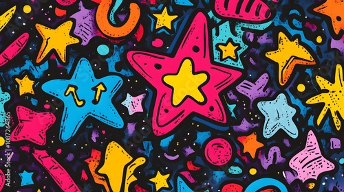 Bright funky doodle pattern with various stars dots and lines in a seamless design
