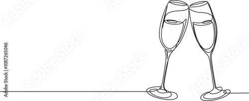 continuous single line drawing of champagne glasses clinking, line art vector illustration