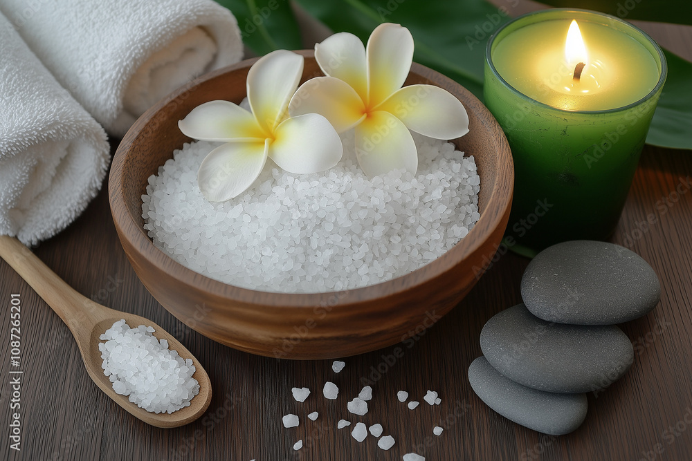 Entspannte Wellness mit Salz, Kerze und Blumenarrangement
Entspannte Wellness mit Salz, Kerze und Blumenarrangement