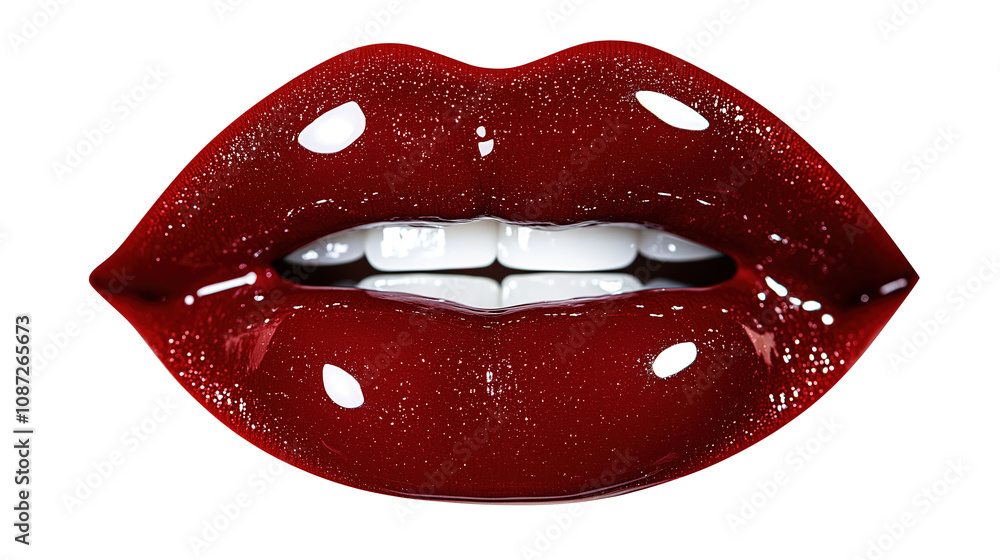 Obraz premium Glossy red lips with white teeth on a transparent background.