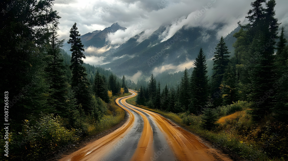 Winding Road Through Misty Forest Landscape - Realistic Image Winding Road Through Misty Forest Landscape - Realistic Image