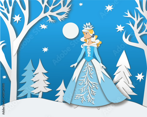 A vector illustration of the Snow Queen in a paper-cut style, featuring elegant layers of icy-blue and white shapes. Soft winter colors like pale blue and white. 