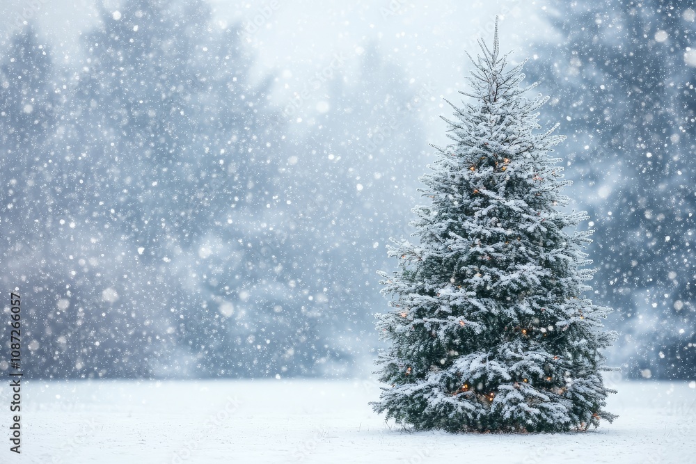A small decorated Christmas tree standing alone in a snowy field with heavy snowfall and a clean, simple background. A small decorated Christmas tree standing alone in a snowy field with heavy snowfall and a clean, simple background.