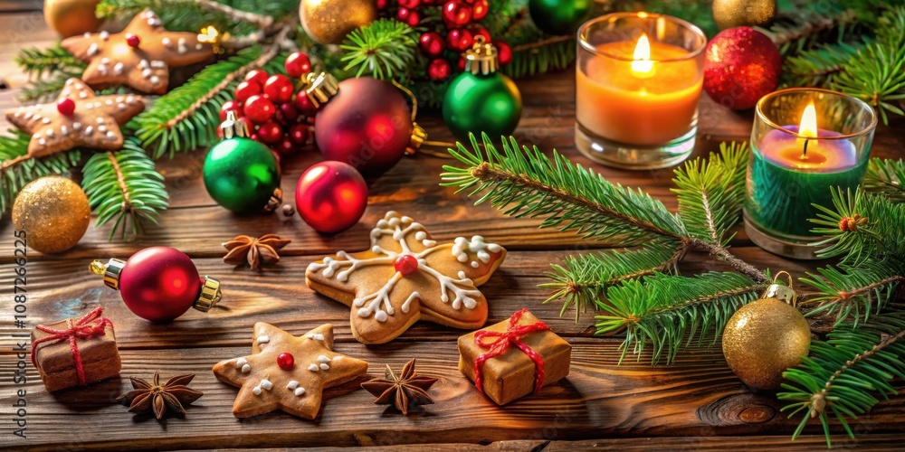 A Festive Tabletop Display of Christmas Decorations, Gingerbread Cookies, and Burning Candles, Evoking the Warmth and Joy of the Holiday Season A Festive Tabletop Display of Christmas Decorations, Gingerbread Cookies, and Burning Candles, Evoking the Warmth and Joy of the Holiday Season