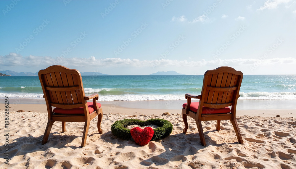 Two chairs with heart wreath on sandy beach, romantic mood, sunny day, ocean view, love concept, Valentine’s Day celebration Two chairs with heart wreath on sandy beach, romantic mood, sunny day, ocean view, love concept, Valentine’s Day celebration