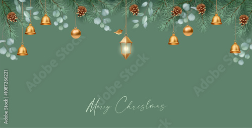 Minimalistic Christmas and New Year background. Elegant Christmas design with pine branches, a Christmas ball and lantern