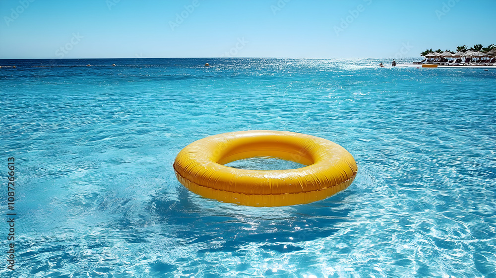 Yellow Inflatable Ring Floating in Blue Water Yellow Inflatable Ring Floating in Blue Water