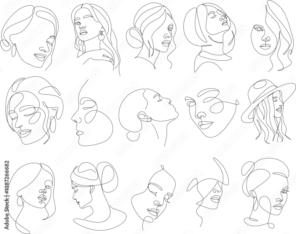 Set of portraits. Simple, minimalist vector illustration of beautiful woman face. Line drawing. Set of portraits. Simple, minimalist vector illustration of beautiful woman face. Line drawing.
