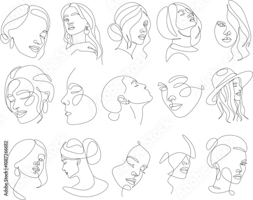 Set of portraits. Simple, minimalist vector illustration of beautiful woman face. Line drawing.