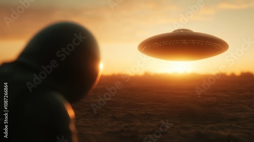 A single observer watches a UFO hovering gracefully over a barren, alien desert at sunset, creating an aura of mystery and wonder in this ethereal sci-fi scene. photo