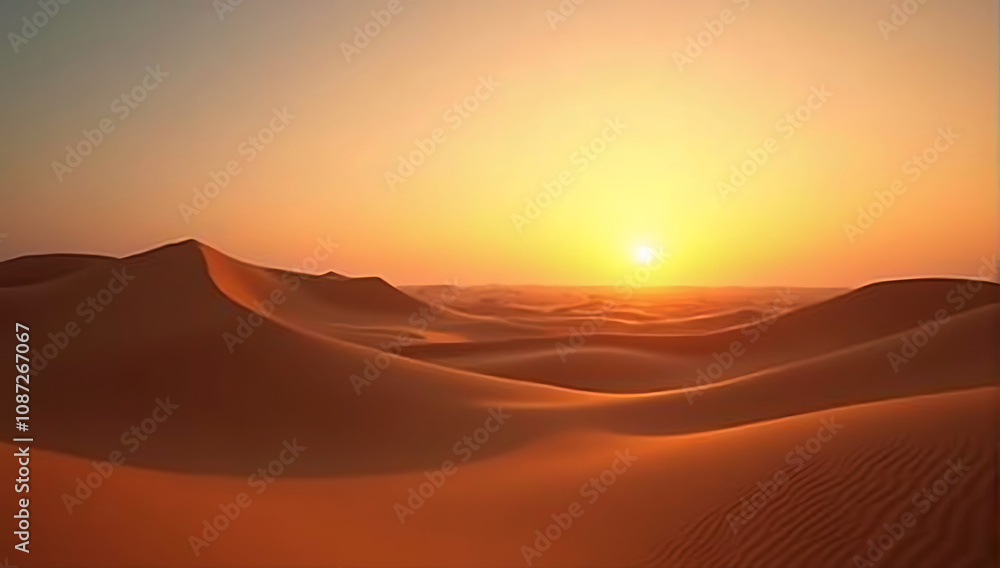 A tranquil desert landscape with golden sand dunes glowing under the warm hues of a setting sun, framed by a clear sky transitioning to dusk. A tranquil desert landscape with golden sand dunes glowing under the warm hues of a setting sun, framed by a clear sky transitioning to dusk.