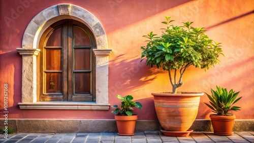 Sunlight illuminates a terracotta wall, casting shadows on the weathered stonework and highlighting the graceful arch of a window, framed by potted plants flourishing in the warmth.