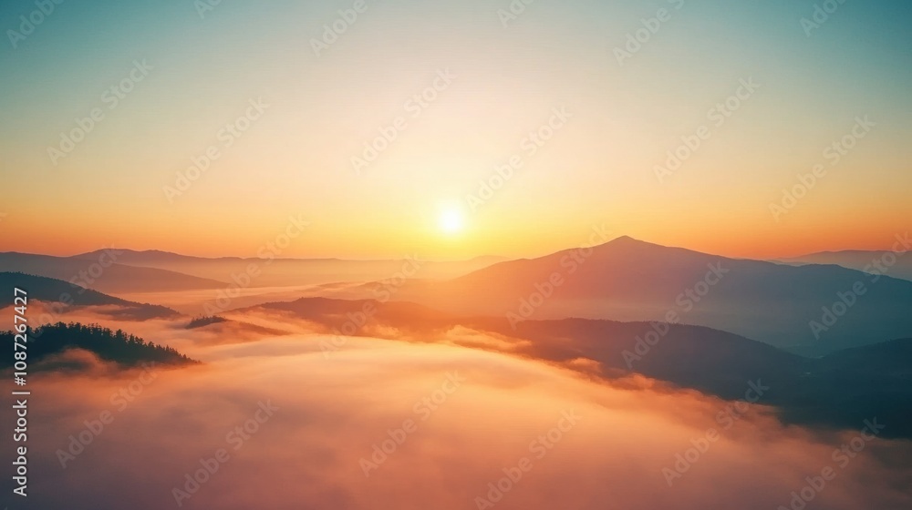 Golden sunlight breaks through the horizon, casting a warm glow on misty valleys and mountains during an early morning. Generative AI Golden sunlight breaks through the horizon, casting a warm glow on misty valleys and mountains during an early morning. Generative AI