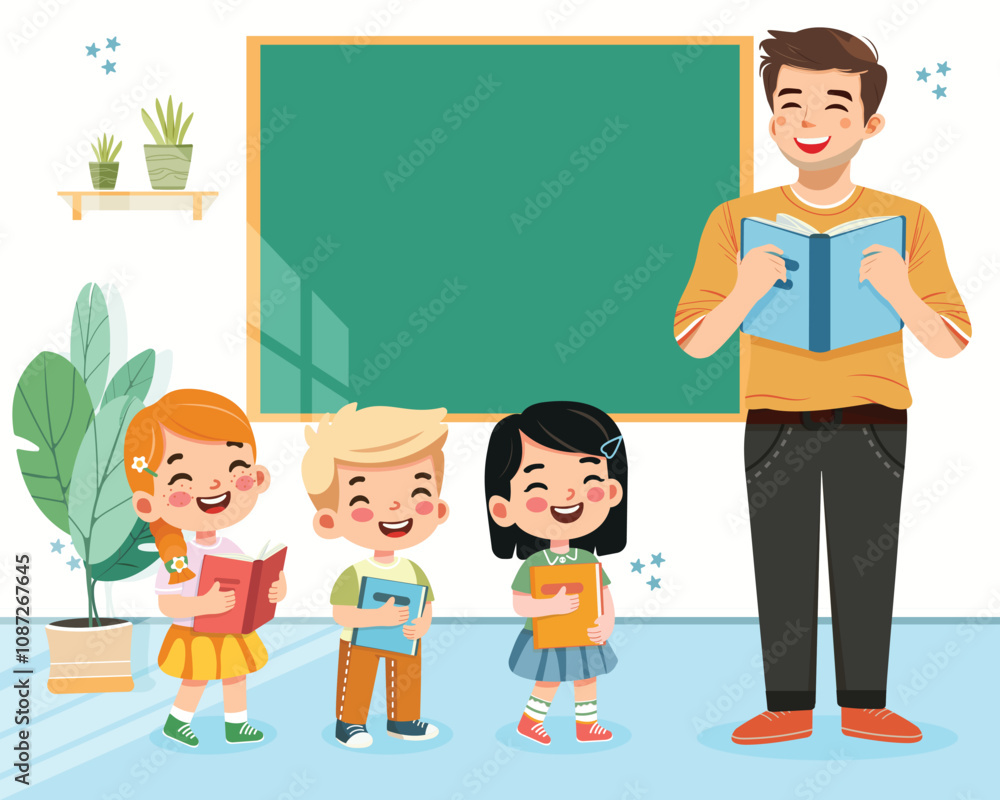Smiling teacher man with happy international students in classroom. World Teachers' Day concept. Poster, Banner, Flyer, Greeting Card. Vector illustration in flat cartoon style Smiling teacher man with happy international students in classroom. World Teachers' Day concept. Poster, Banner, Flyer, Greeting Card. Vector illustration in flat cartoon style