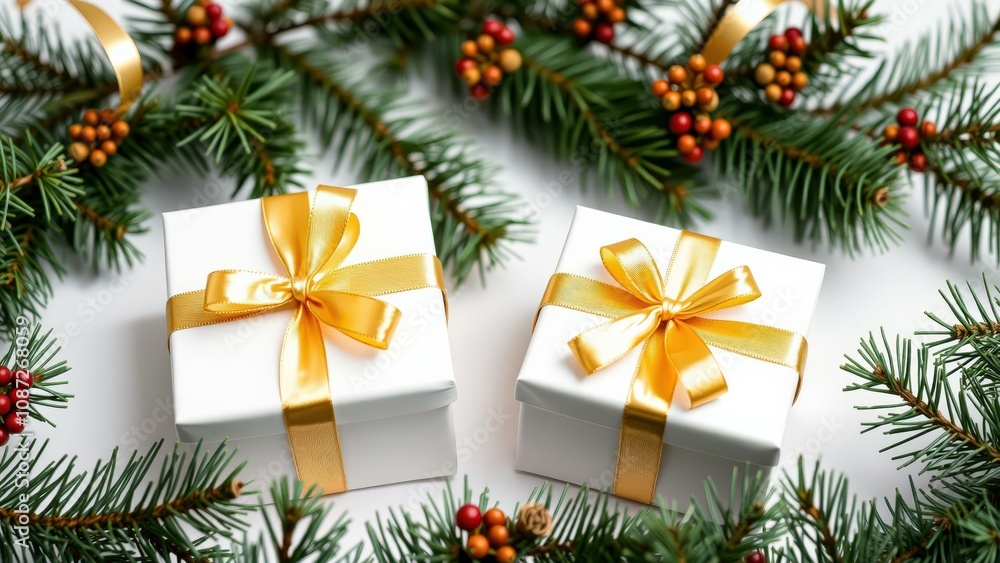 Elegant Holiday Gift Boxes with Golden Ribbons Amidst Lush Pine Branches and Berries - Perfect for Christmas Decorations and Gifting Elegant Holiday Gift Boxes with Golden Ribbons Amidst Lush Pine Branches and Berries - Perfect for Christmas Decorations and Gifting