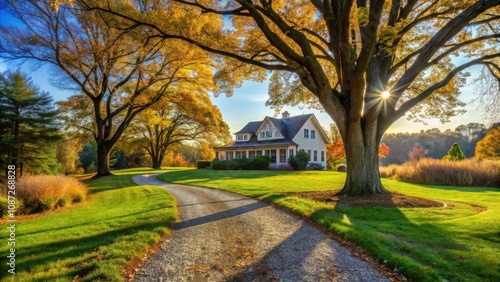 A winding gravel path leads towards a quaint white house nestled amidst vibrant autumn foliage, bathed in the warm glow of the setting sun.