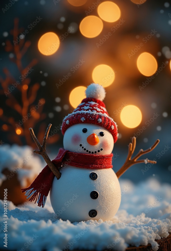 Obraz premium Snowman with christmas decoration and bokeh lights on background