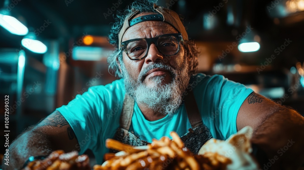 The image showcases an elderly chef with a warm smile, proudly presenting a delicious dish, emphasizing culinary passion and hospitality in a rustic kitchen. The image showcases an elderly chef with a warm smile, proudly presenting a delicious dish, emphasizing culinary passion and hospitality in a rustic kitchen.